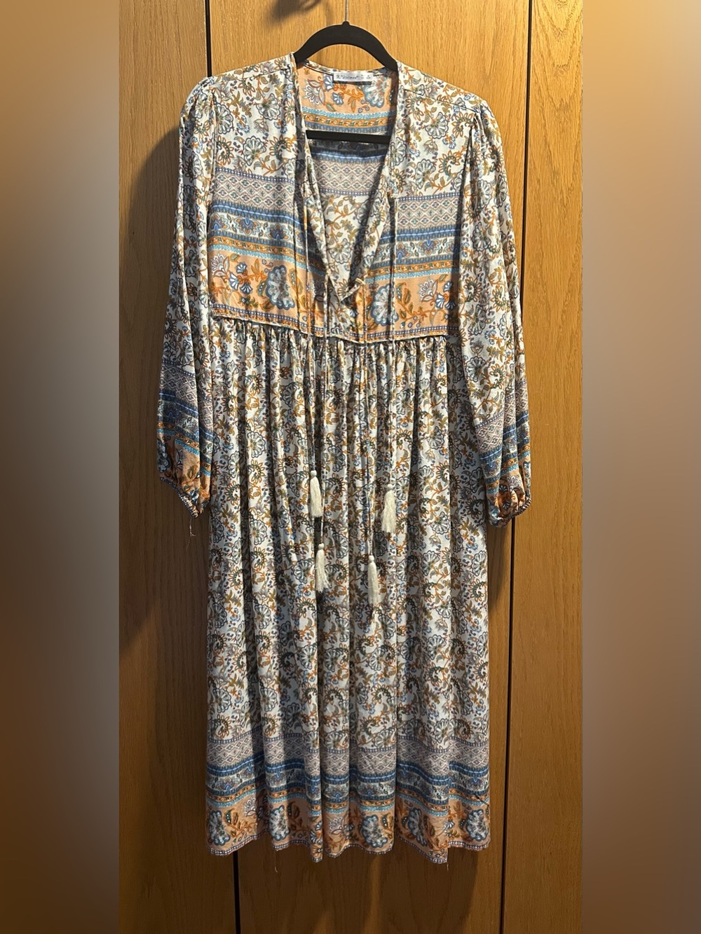 Bohemian Floral Midi Dress in Blue and Tan